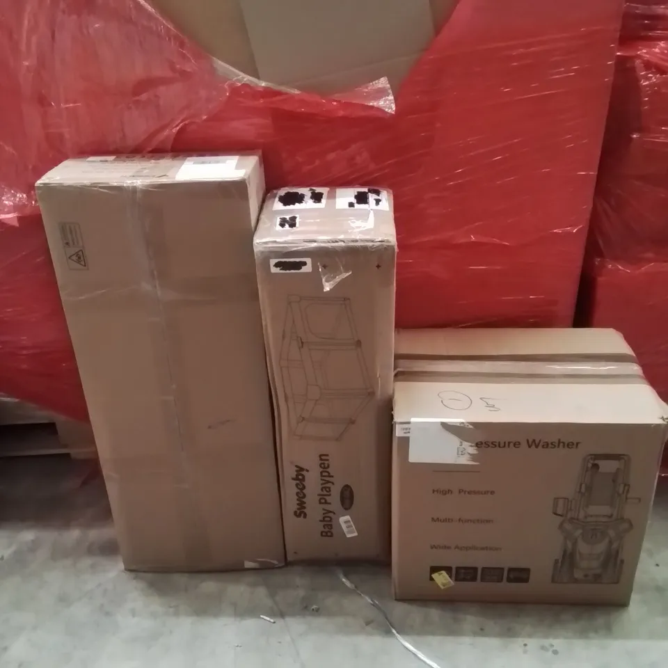 PALLET OF ASSORTED HOUSEHOLD GOODS AND PRODUCTS TO INCLUDE;PRESSURE WASHER,PLAYPEN,EXERCISE BIKE 