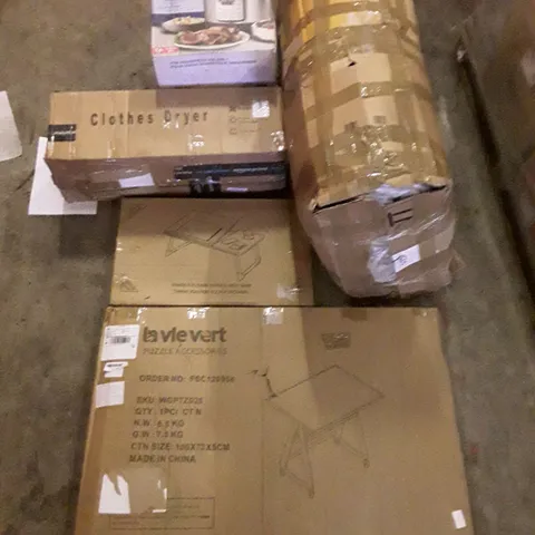 PALLET OF ASSORTED PRODUCTS INCLUDING PUZZLE TABLE, CLOTHES DRYER, MULTI-USE PRESSURE COOKER, BED TABLE, HOLLYWOOD MAKEUP MIRROR