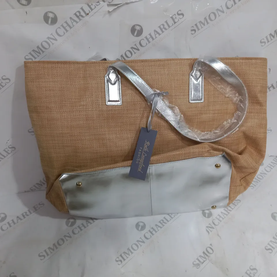 RUTH LANGSFORD BEIGE BEACH TOTE BLACK INTERIOR AND SILVER ACCENTS