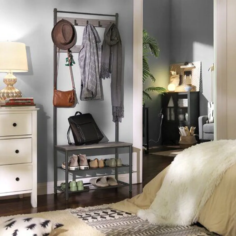 BOXED GREY HALL TREE WITH BENCH AND SHOE STORAGE 