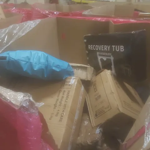 PALLET OF ASSORTED HOUSEHOLD ITEMS AND CONSUMER PRODUCTS TO INCLUDE; TOILET SEATS AND FRAME, RECOVERY TUB, BOXED FURNITURE ETC 