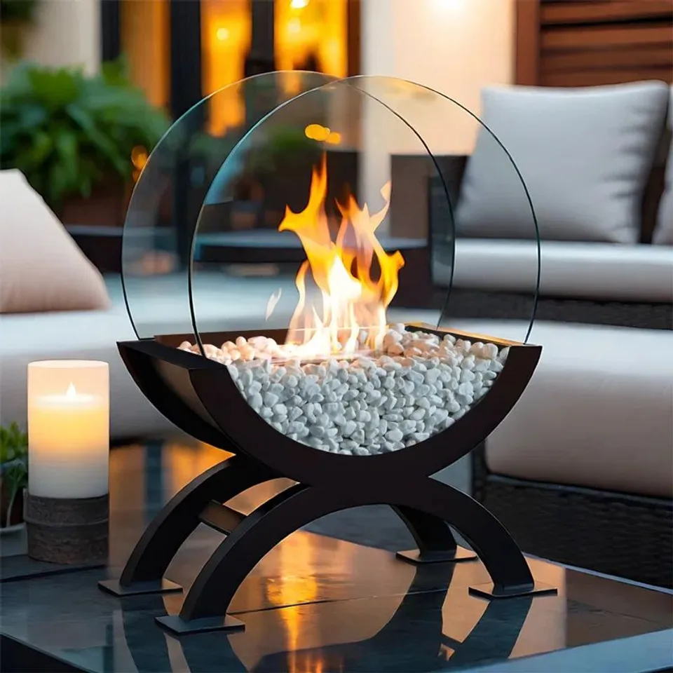 BOXED BLUE ELEPHANT ROUND GLASS LARGE TABLETOP FIREPLACE 48.26cm H PORTABLE FIRE BOWL POT (1 BOX)