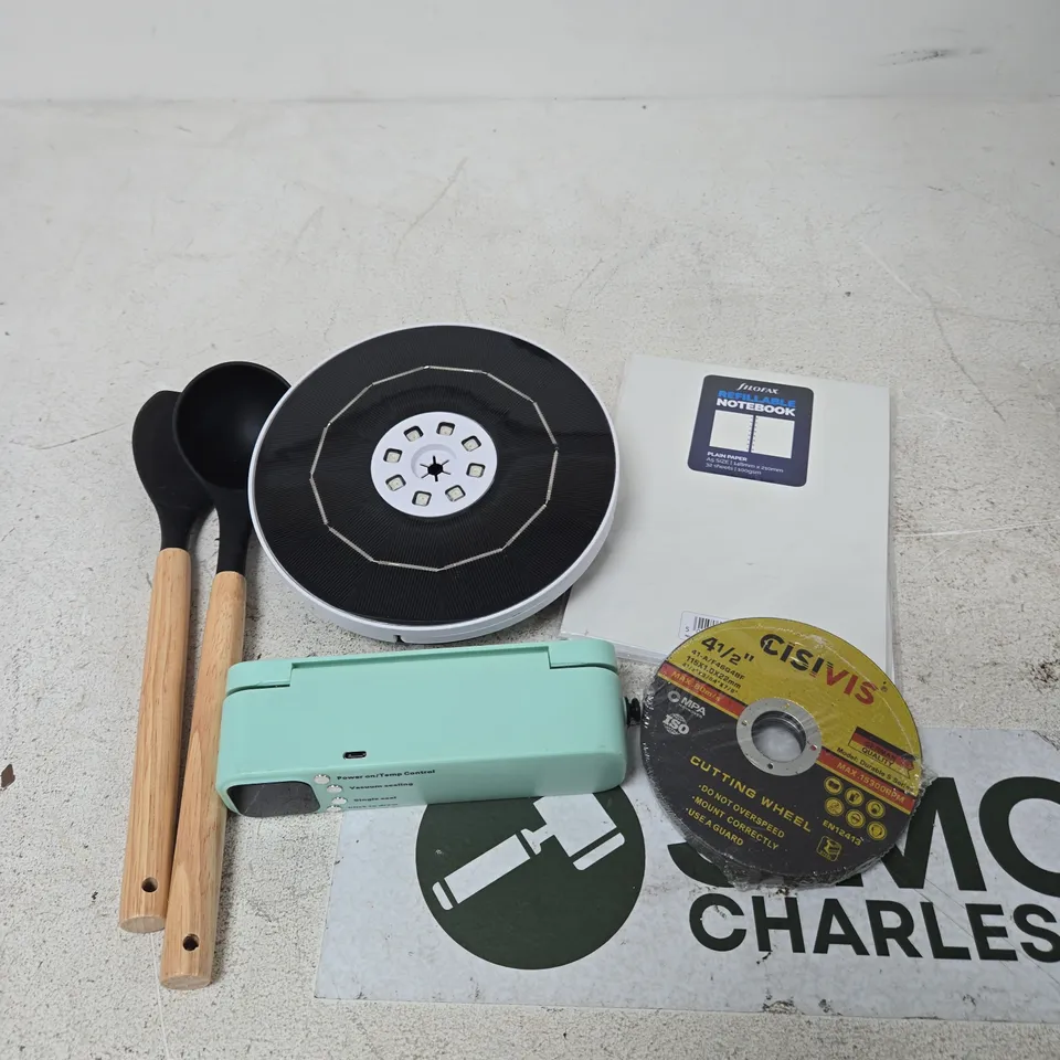 APPROXIMATELY 10 ASSORTED HOUSEHOLD PRODUCTS TO INCLUDE KITCHEN UTENSILS, NOTEBOOK, CUTTING WHEEL ETC
