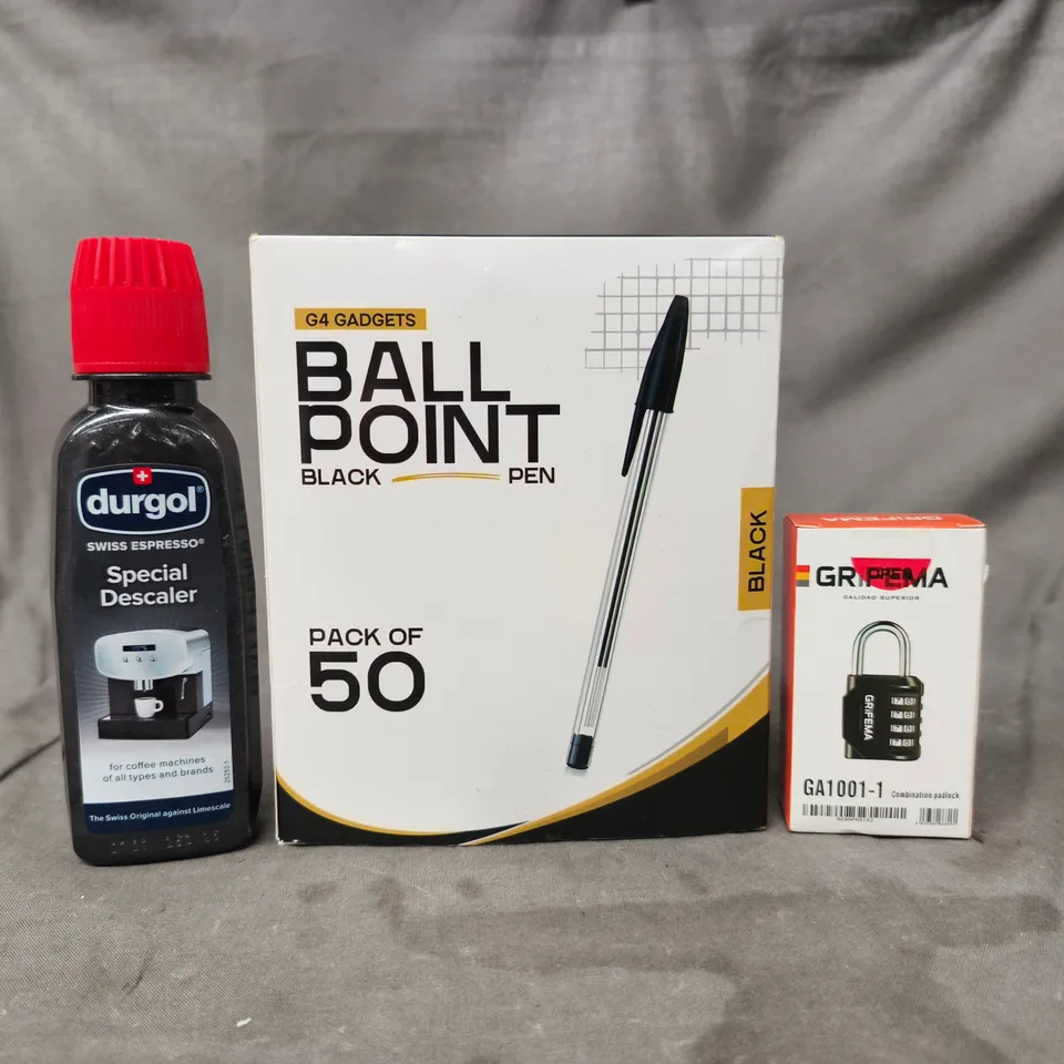 APPROXIMATELY 10 ASSORTED HOUSEHOLD ITEMS TO INCLUDE SPECIAL DESCALER, BALL POINT PENS, COMBINATION PADLOCK, ETC