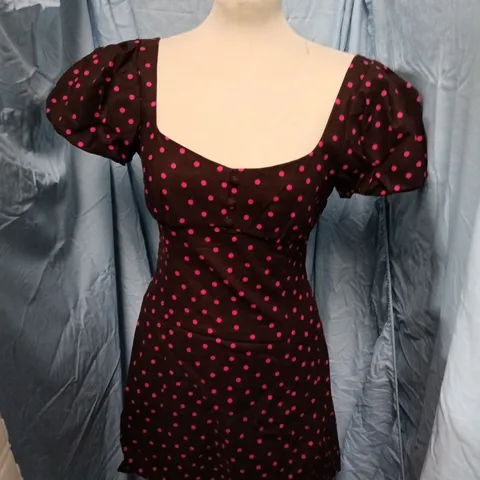 ZARA WOMEN'S DRESS – PINK POLKA DOT ON BURGUNDY, PUFF SLEEVES, SQUARE NECK