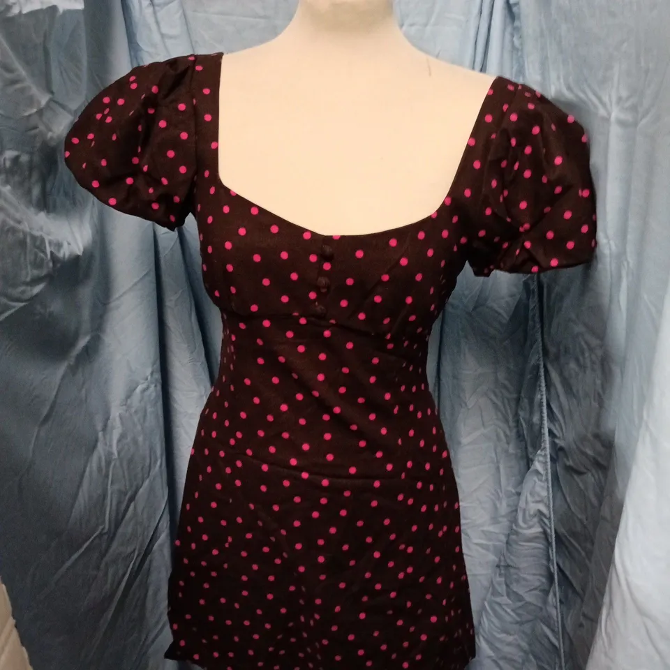 ZARA WOMEN'S DRESS – PINK POLKA DOT ON BURGUNDY, PUFF SLEEVES, SQUARE NECK