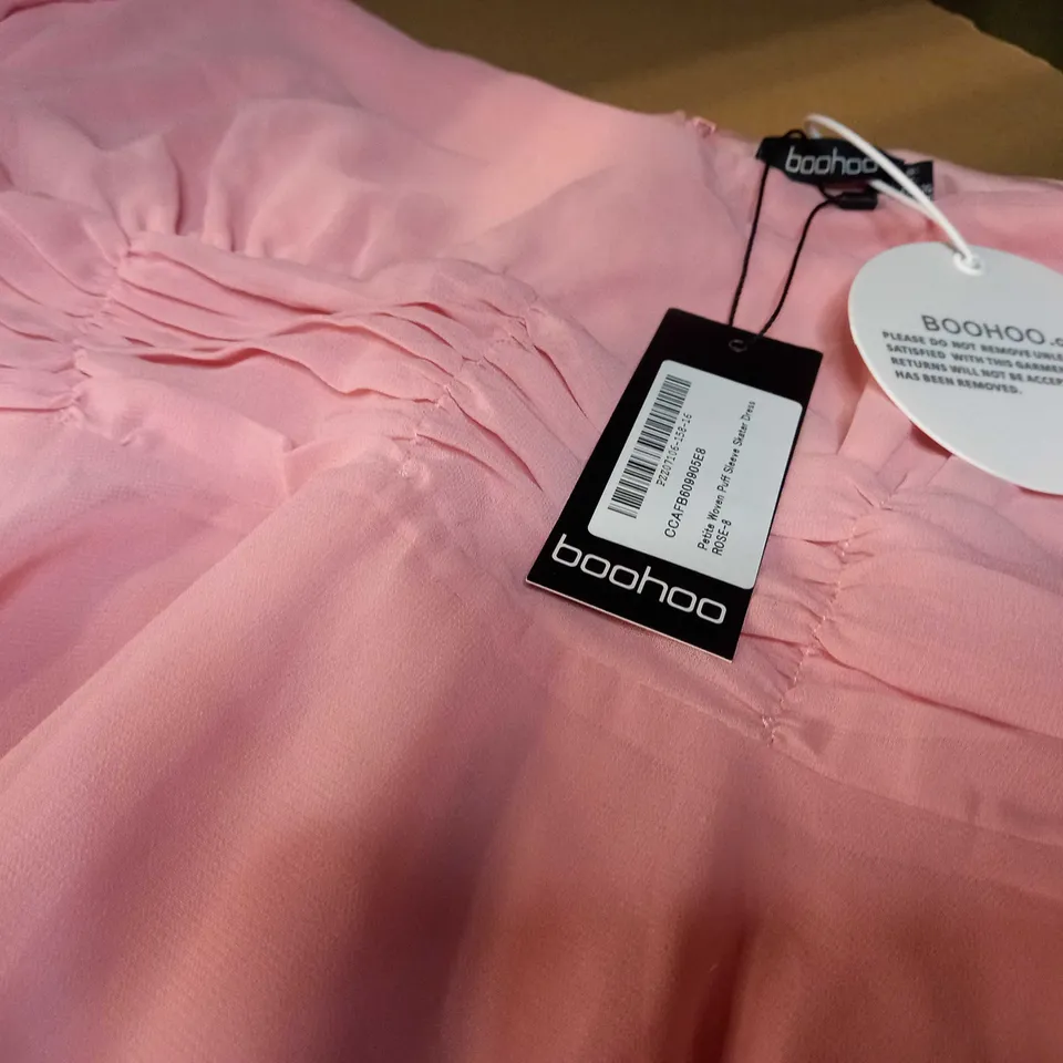 BOOHOO ROSE WOVEN PUFF SLEEVE SKATER DRESS - SIZE 8