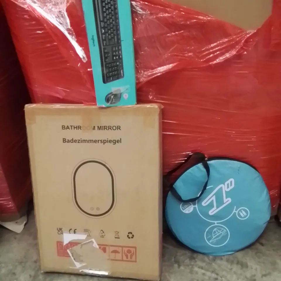PALLET OF ASSORTED HOUSEHOLD GOODS AND PRODUCTS TO INCLUDE;POPUP BEACH TENT,BATHROOM MIRROR,LOGITECH KEYBOARD 