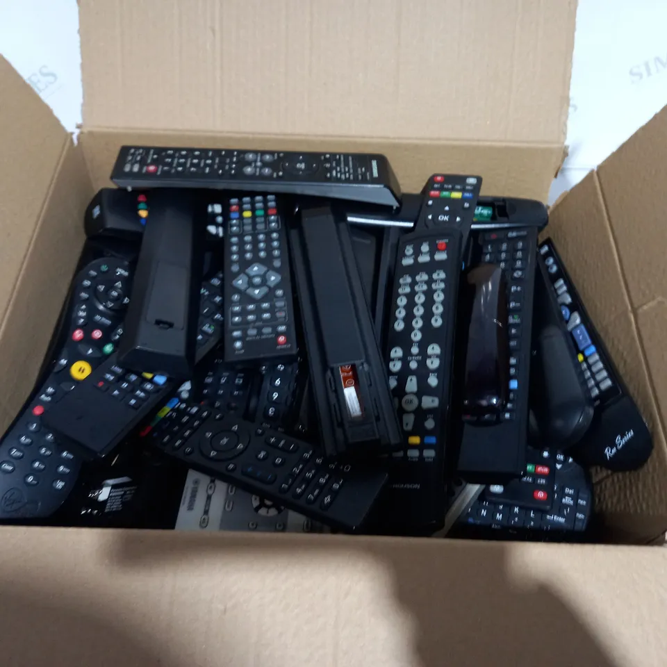 BOX OF APPROXIMATELY 20 ASSORTED TELEVISION REMOTES 