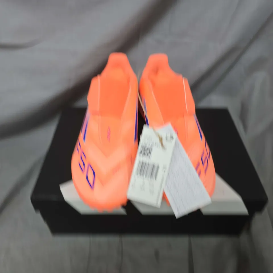 BOXED PAIR OF ADIDAS F50 CLUB VELCRO TURF TRAINERS IN ORANGE - UK 3