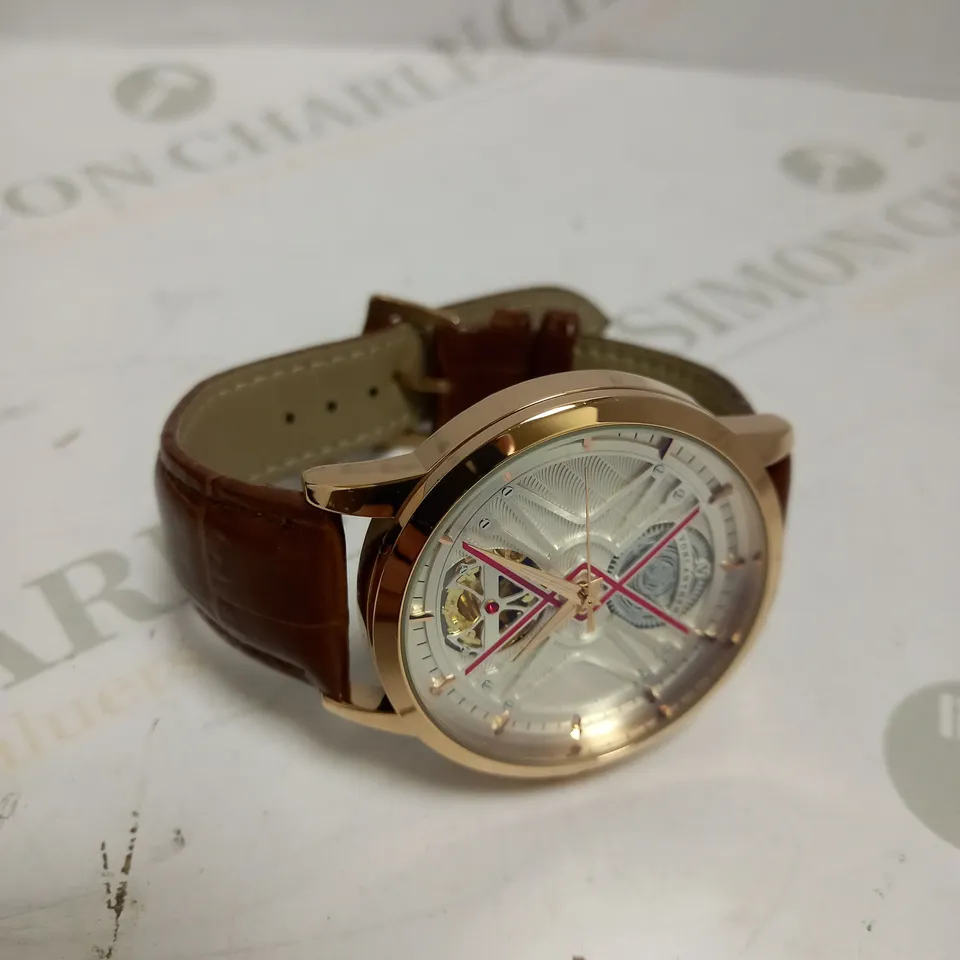 MENS VONLANTHEN AUTOMATIC WATCH – SILVER AND RED TEXTURED DIAL – ROSE GOLD COLOUR CASE - GLASS EXHIBITION BACKCASE – TAN LEATHER STRAP