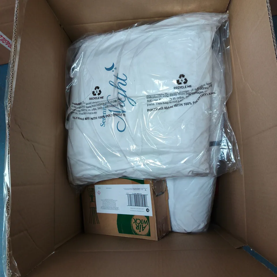 BOX OF APPROXIMATELY 15 ASSORTED ITEMS INCLUDING AIR WICK DIFFUSERS, PURSE, JEWELRY CLEANER AND PILLOW