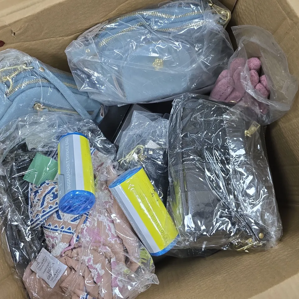 APPROXIMATELY 12 ASSORTED ITEMS TO INCLUDE GARBAGE BAGS, HAND BAGS, SHOE TEE SHOES, ETC - COLLECTION ONLY