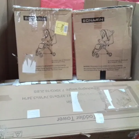 PALLET CONTAINING VARIOUS ASSORTED BOXED HOUSEHOLD ITEMS TO INCLUDE: TODDLER TOWER, KIDS PUSHCHAIRS AREA RUG, AND LOTS MORE UNMARKED BOXED ITEMS 