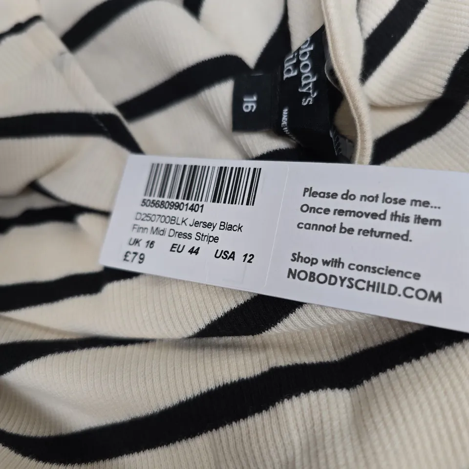 NOBODY'S CHILD FINN STRIPE MIDI DRESS – CREAM JERSEY WITH BLACK STRIPES, UK 16