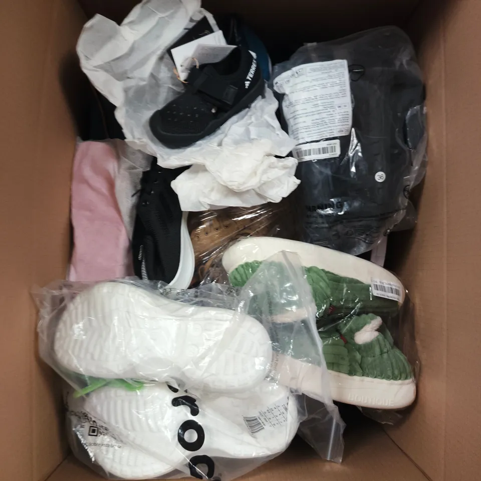 BOX OF APPROXIMATELY 10 PAIRS OF ASSORTED SHOES IN VARIOUS COLOUR, STYLES AND SIZES