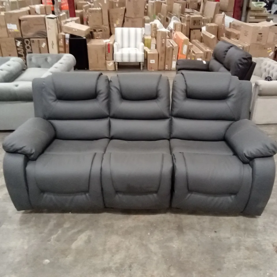 DESIGNER 3 SEATER MANUAL RECLINER SOFA IN PREMIUM LIGHT GREY FAUX LEATHER
