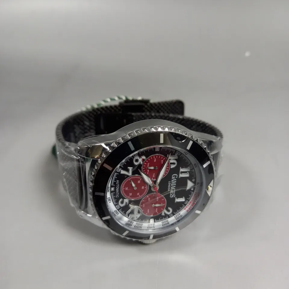 BOXED GAMAGES CONTEMPORARY SPORTS STEEL BLACK DIAL WATCH 