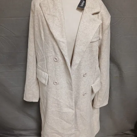 BOOHOO DOUBLE BREAST WOOL LOOK COAT IN MUSHROOM - UK 10