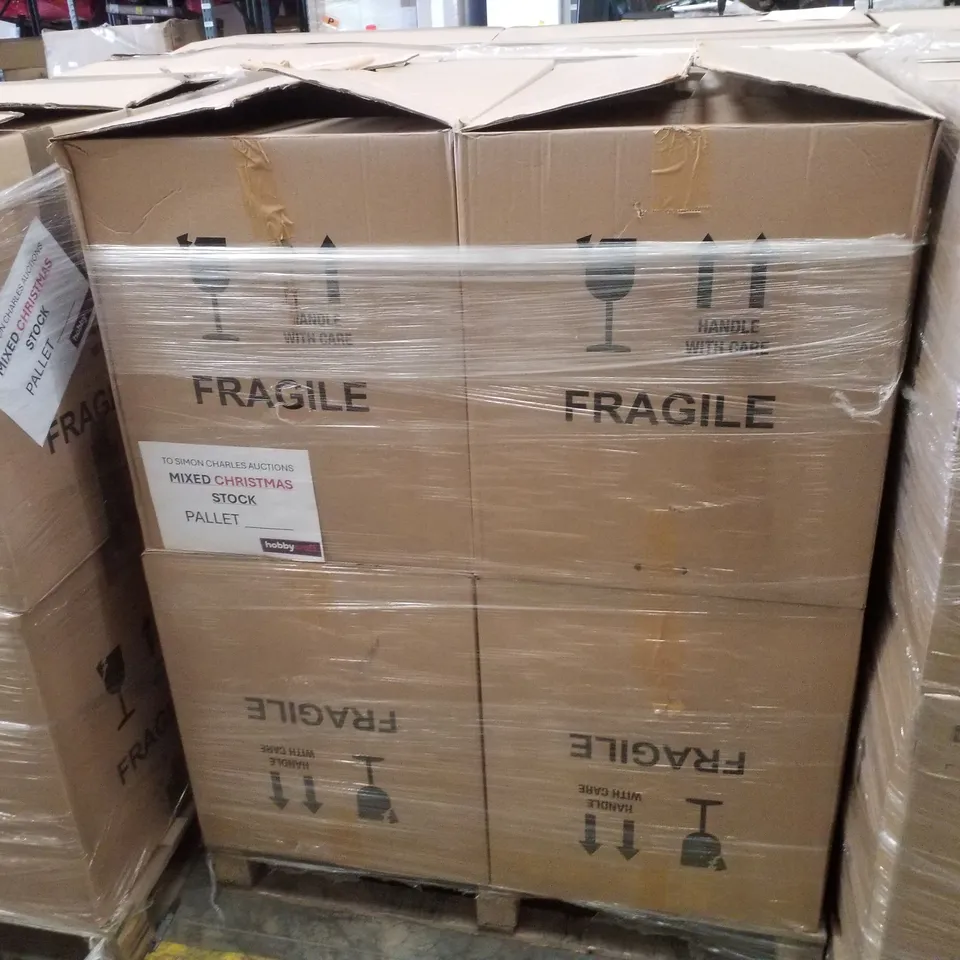 PALLET CONTAINING ASSORTED CHRISTMAS PRODUCTS & DECORATIONS INCLUDING ACTIVITY PLACEMENT SET, BAKING SET, DOOR BOWS, LINEN STOCKING & WIRE EDGE RIBBON