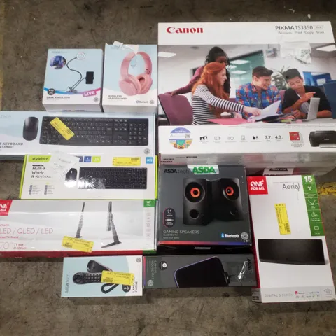 PALLET CONTAINING ASSORTED ELECTRICAL PRODUCTS INCLUDING CANON PIXMA PRINTER, WIRELESS HEADPHONES, DESK RING LIGHT, KEYBOARD AND MOUSE SET, SPEAKERS & UNIVERSAL TV STAND