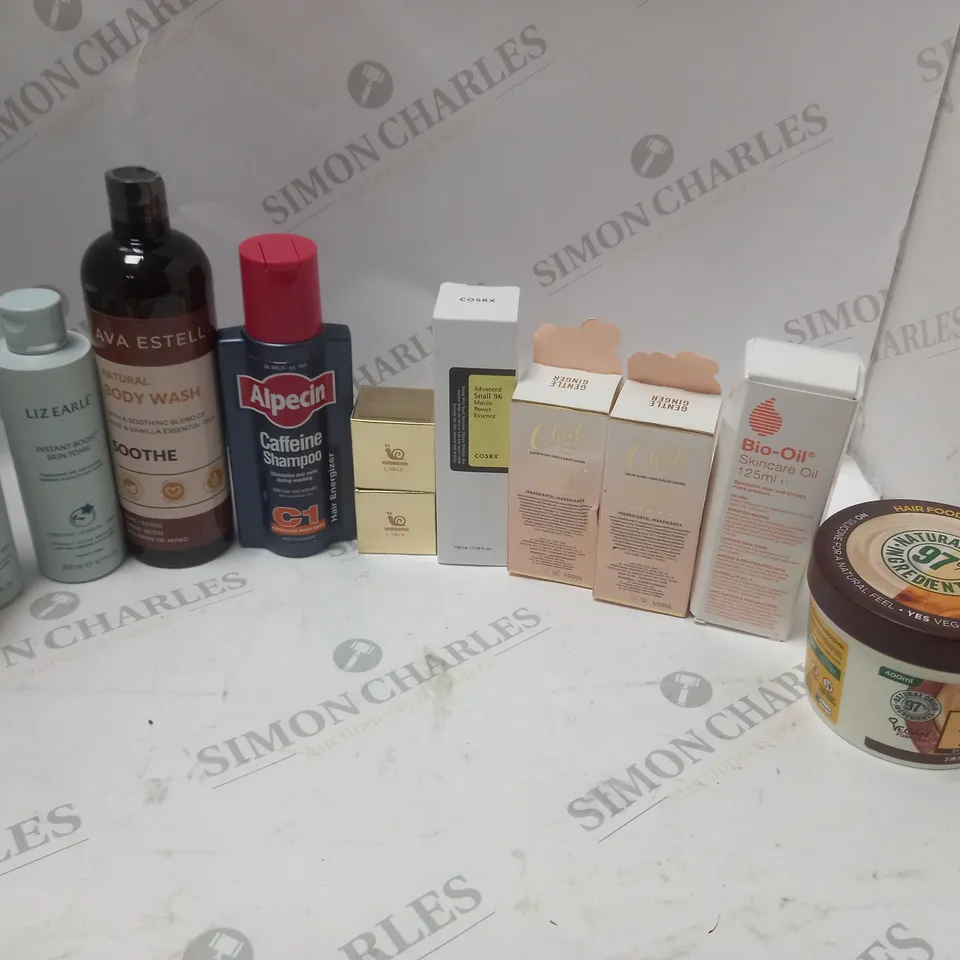 APPROXIMATLEY 20 COSMETICS ITEMS TO INCLUDE COSRX ADVANCED SNAIL 96 MUCIN POWER ESSENCE (100ml), LIZ EARLE INSTANT BOOST SKIN TONIC (200ml), ALPECIN CAFFEINE SHAMPOO C1 (250ml), ETC