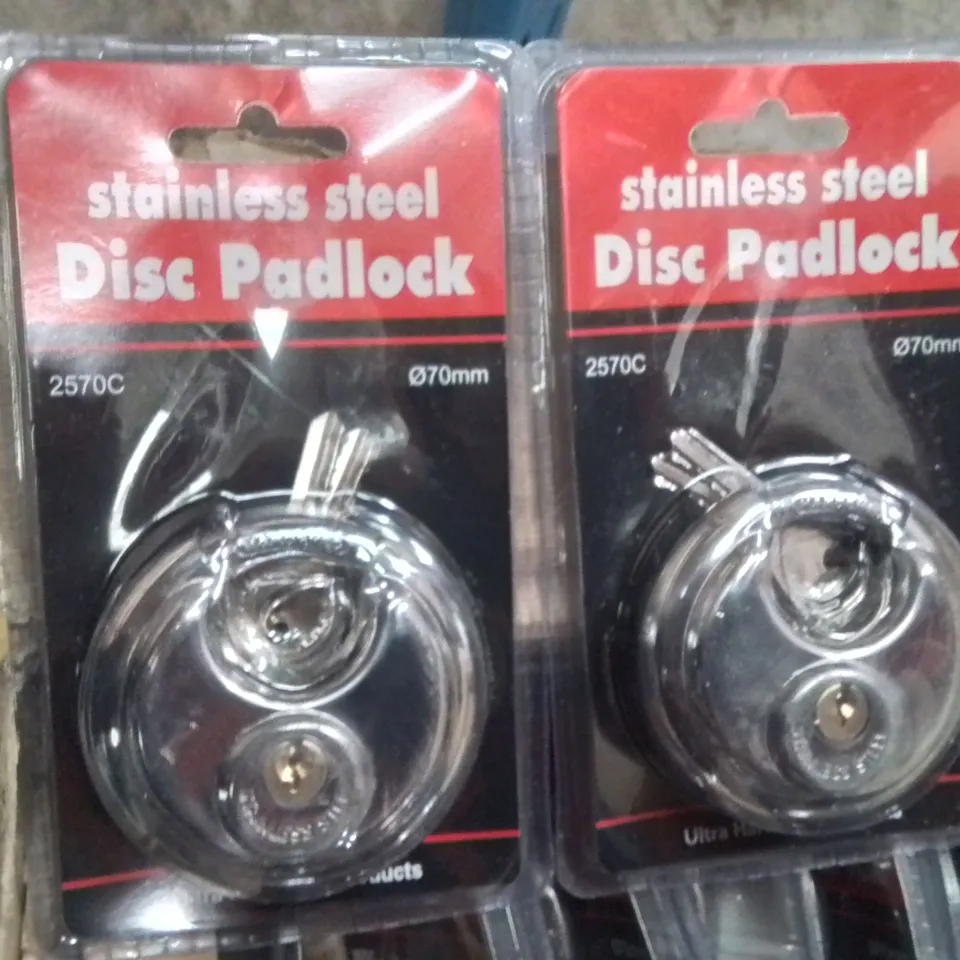 BOX CONTAINING APPROXIMATELY 20 STAINLESS STEEL DISC PADLOCKS
