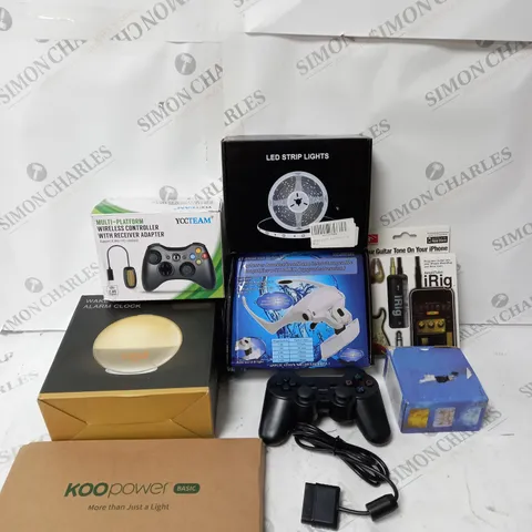 BOX OF APPROX 8 ASSORTED ITEMS TO INCLUDE CONSOLE CONTROLLERS, LED LIGHTS, AMPLITUBE IRIG, ETC.