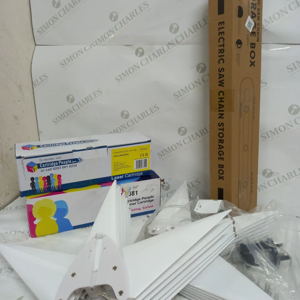 BOX OF APPROXIMATELY 10 ASSORTED ITEMS TO INCLUDE TONER CARTRIDGE, STAR DÉCOR, SAW CHAIN STORAGE BOX ETC
