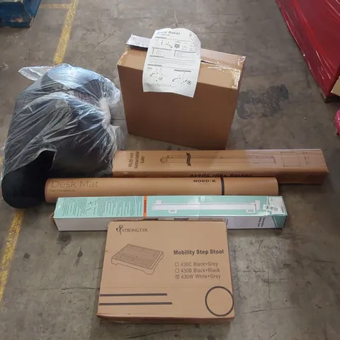 PALLET OF ASSORTED ITEMS INCLUDING: RETRACTABLE SAFETY GATES, ELECTRIC BBQ, STAND ASSIST, CUSHIONS, DESK MAT ECT