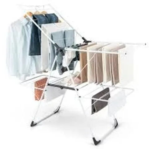 BOXED 2-TIER FOLDING LAUNDRY DRYING RACK HEAVY DUTY PORTABLE W/HEIGHT ADJUSTABLE WINGS