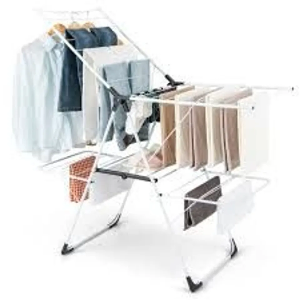 BOXED 2-TIER FOLDING LAUNDRY DRYING RACK HEAVY DUTY PORTABLE W/HEIGHT ADJUSTABLE WINGS