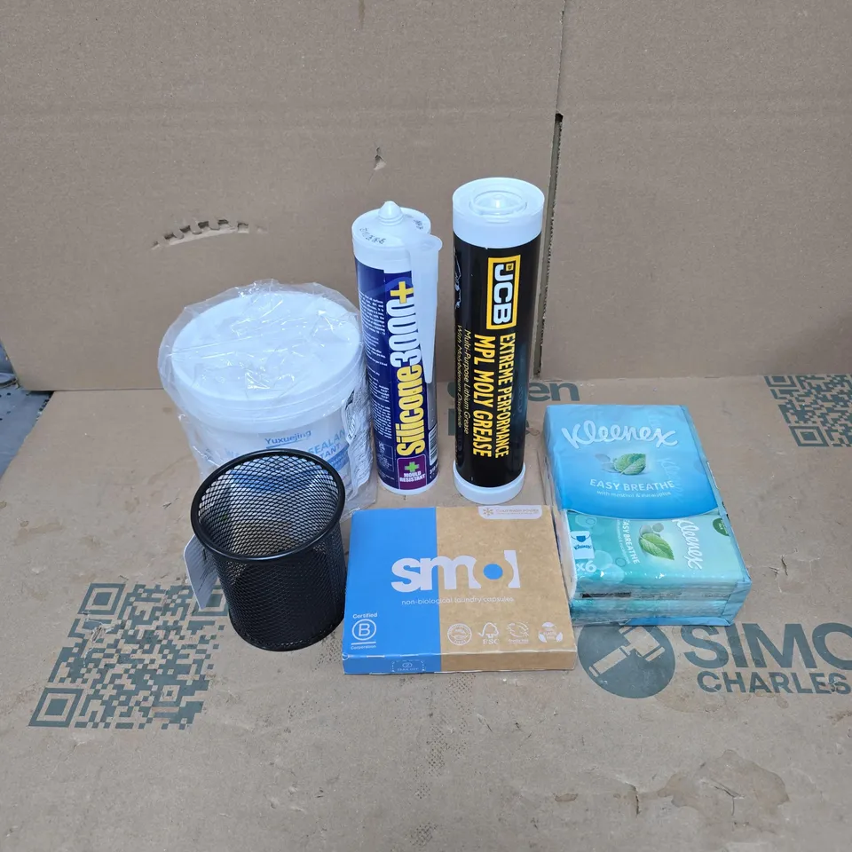 TOTE OF APPROXIMATELY 20 ASSORTED HOUSEHOLD ITEMS TO INCLUDE PEN POT, KLEENEX, SMOL, JCB MOLY GREASE, WATERPROOF SEALANT, TILEMASTER SILICONE ETC
