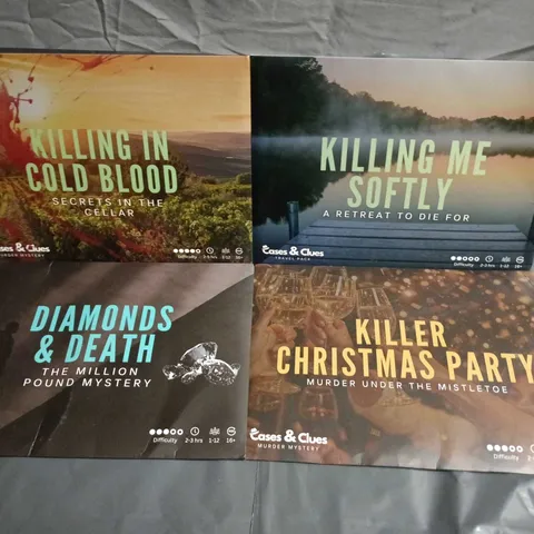 LOT OF 4 CASES & CLUES MURDER MYSTERY TRAVEL PACK SETS: KILLER CHRISTMAS PARTY, KILLING IN COLD BLOOD, DIAMONDS & DEATH, KILLING ME SOFTLY