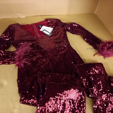 BOOHOO RED SEQUIN FEATHR CUFFED FLARED JUMPSUIT - UK 10
