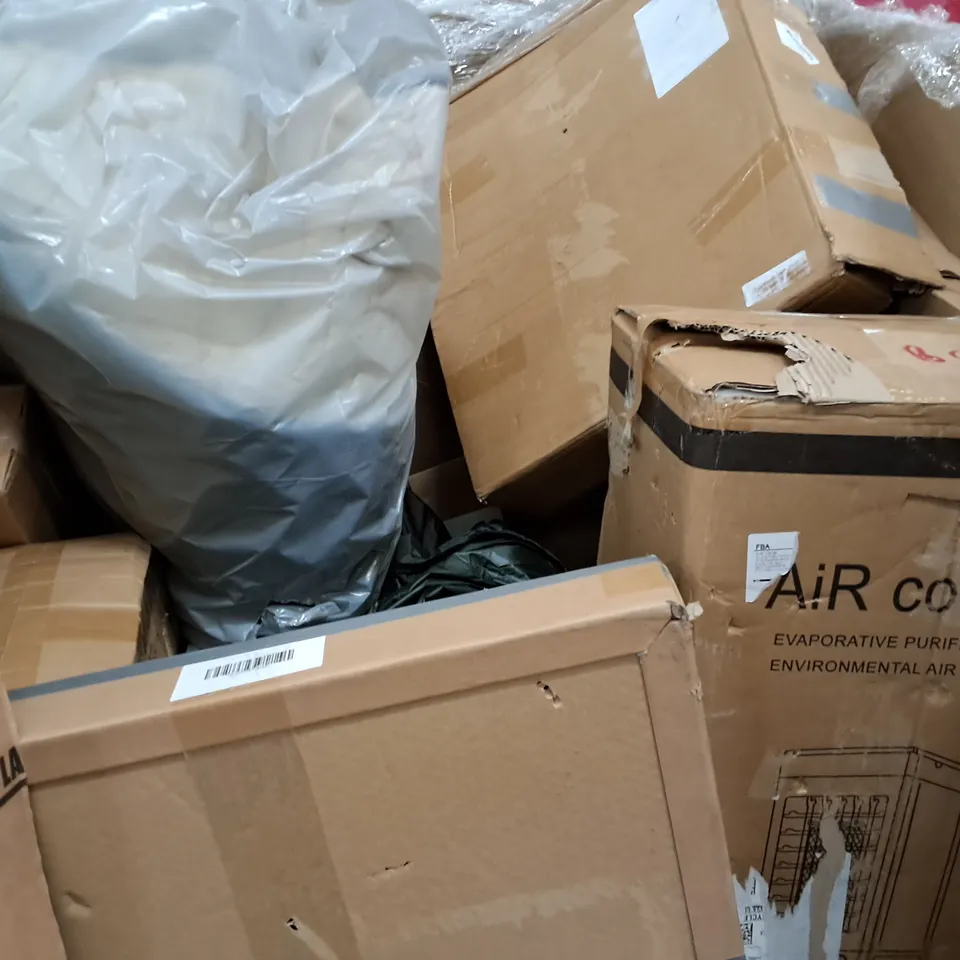 PALLET OF ASSORTED HOUSEHOLD ITEMS TO INCLUDE AIR FRYER, RHINOSPORT PULL UP BAR AND RETRACTABLE GATE