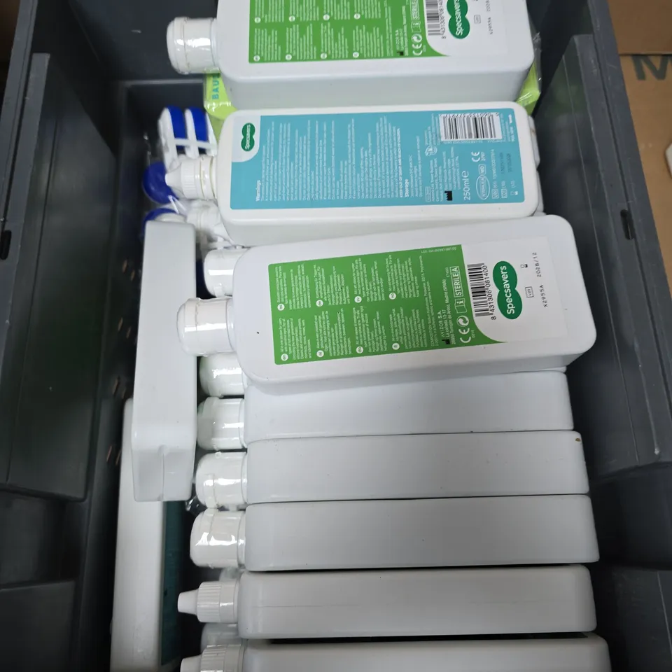 TOTE OF APPROXIMATELY 20 ASSORTED CONTACT LENS SOLUTIONS