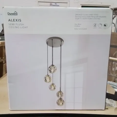 BOXED ALEXIS SEMI FLUSH CEILING FITTING SMOKED GLASS AND STEEL