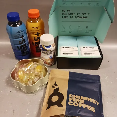 APPROXIMATELY 10 ASSORTED FOOD/DRINK PRODUCTS TO INCLUDE MAS+ HYDRATION DRINKS, CHIMNEY FIRE COFFEE, HUMANTRA DIETARY SUPPLEMENT ETC - COLLECTION ONLY