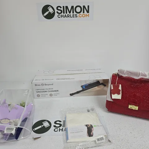 BOX OF APPROXIMATELY 8 ASSORTED ITEMS INCLUDING A RED HANDBAG, PALM WARMTH GENERATION SHORT SLEEVE TOP AND A BILSS & BEYOND LIGHTWEIGHT HANDHELD VACCUM CLOEANER