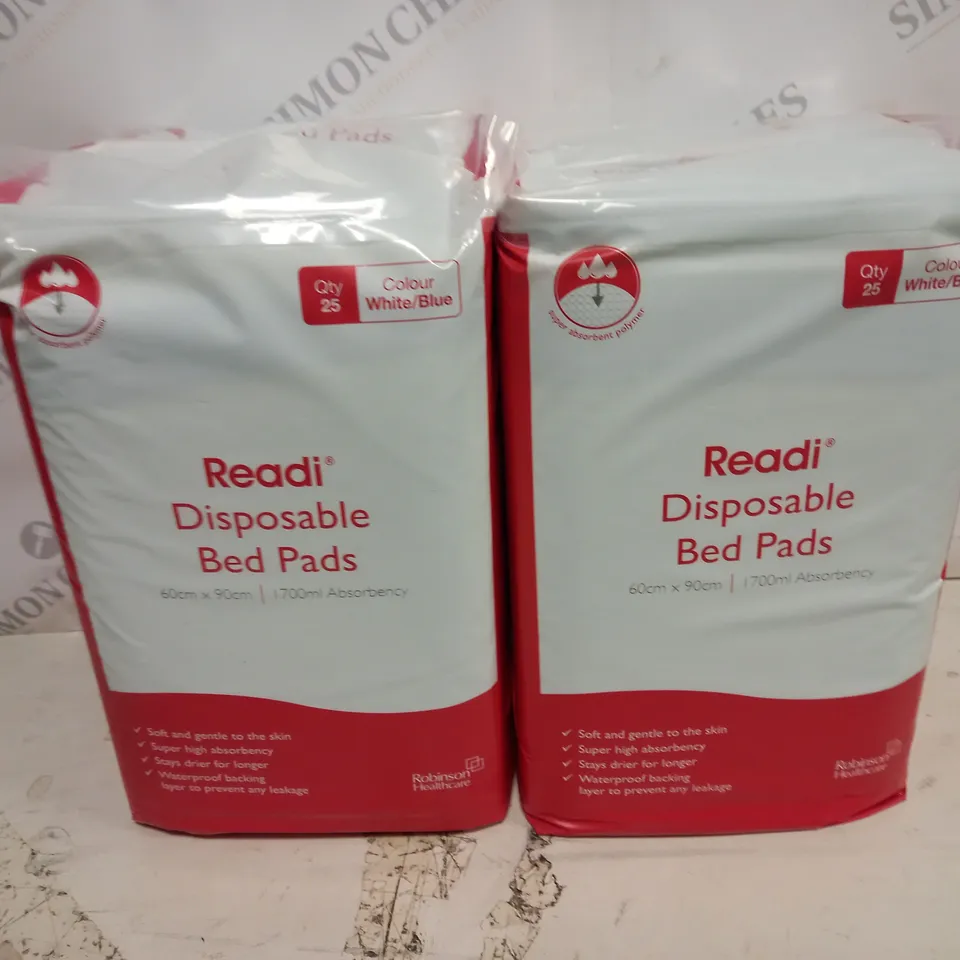 LOT OF 2 READI 25-PACKS OF DISPOSABLE BED PADS - WHITE/BLUE