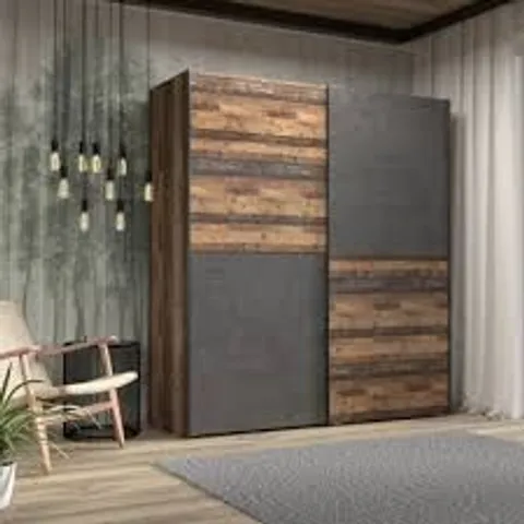 BOXED DOUBLE SLIDING DOOR WARDROBE WITH OAK AND CONCRETE FINISH (2 BOXES)