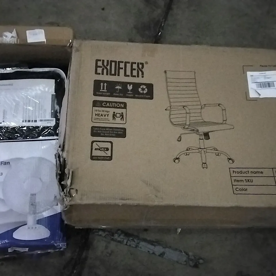 PALLET OF ASSORTED ITEMS INCLUDING EXOFCER OFFICE CHAIR, 12" TABLE FAN, NAVARIS SNUGGY, TROUSER HANGERS