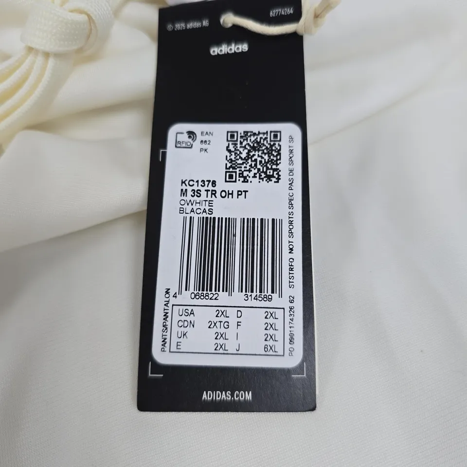 ADIDAS TRACK PANTS – WHITE WITH BLUE SIDE STRIPES – UK 2XL