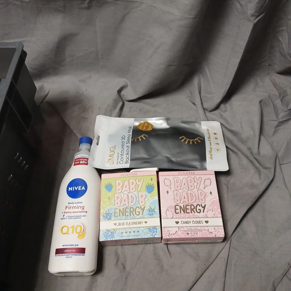 APPROXIMATELY 20 ITEMS INCLUDING HEALTH & BEAUTY ASSORTMENT: NIVEA Q10 FIRMING BODY LOTION 400 ML, SLEEP MASK, AND ASSORTED COSMETICS.