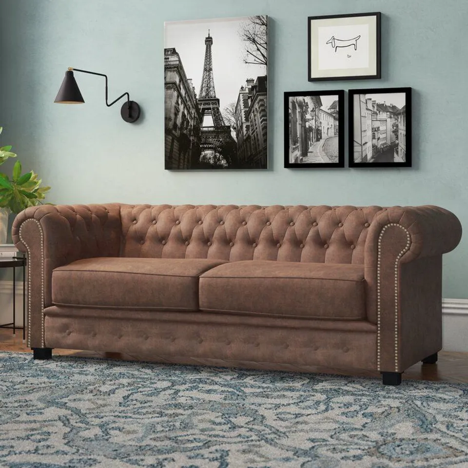 BOXED HAVERLY 3 SEATER CHESTERFIELD SOFA- BROWN LEATHER