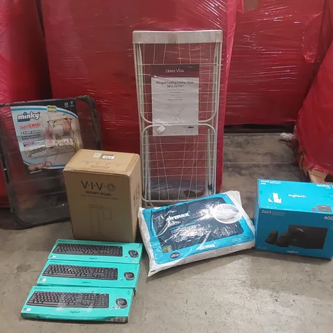 PALLET OF ASSORTED ITEMS TO INCLUDE: LOGITECH Z623 COMPUTER SPEAKER SYSTEM, LOGITECH WIRELESS KEYBOARD + MOUSE SETS, HEAVY DUTY UNDER DESK PC MOUNT, CLOTHES AIRER, SILENTNIGHT PILLOW ECT