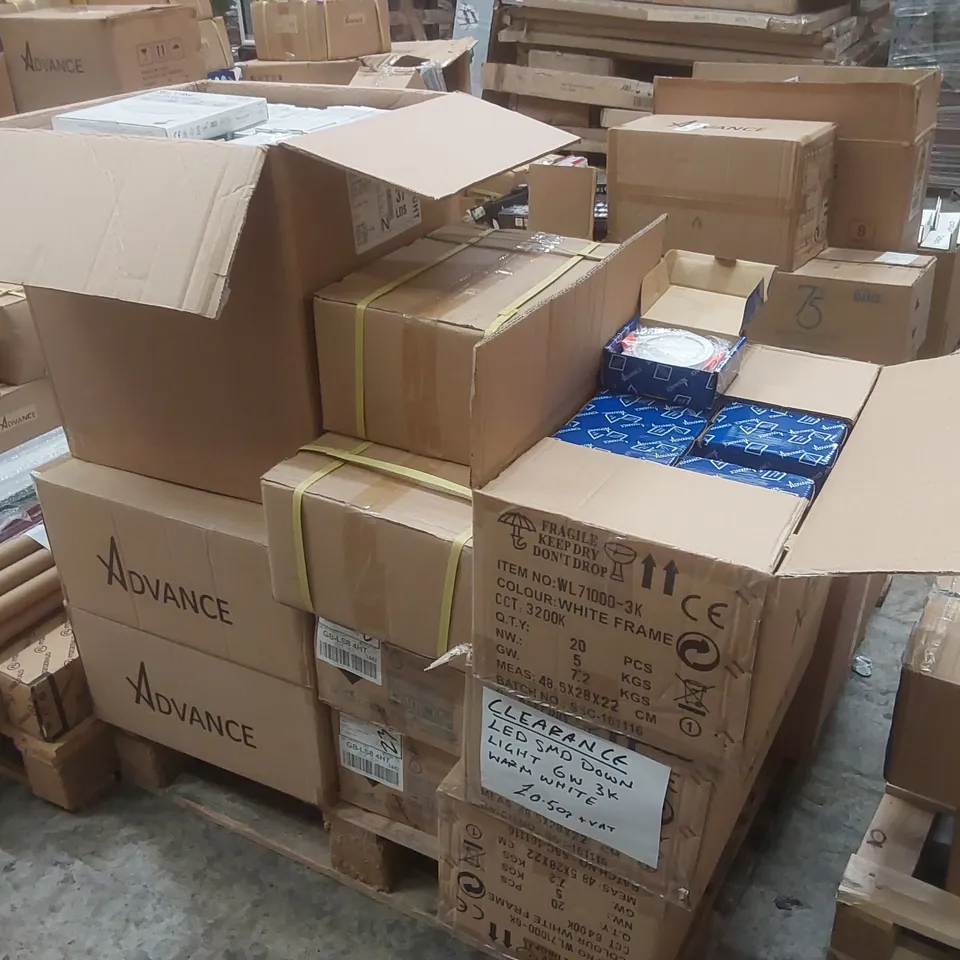 PALLET CONTAINING A VERY LARGE QUANTITY OF ASSORTED LIGHTING PRODUCTS TO INCLUDE: ADVANCE WHITE FRAME LIGHTS, LED PANEL LIGHTS ECT