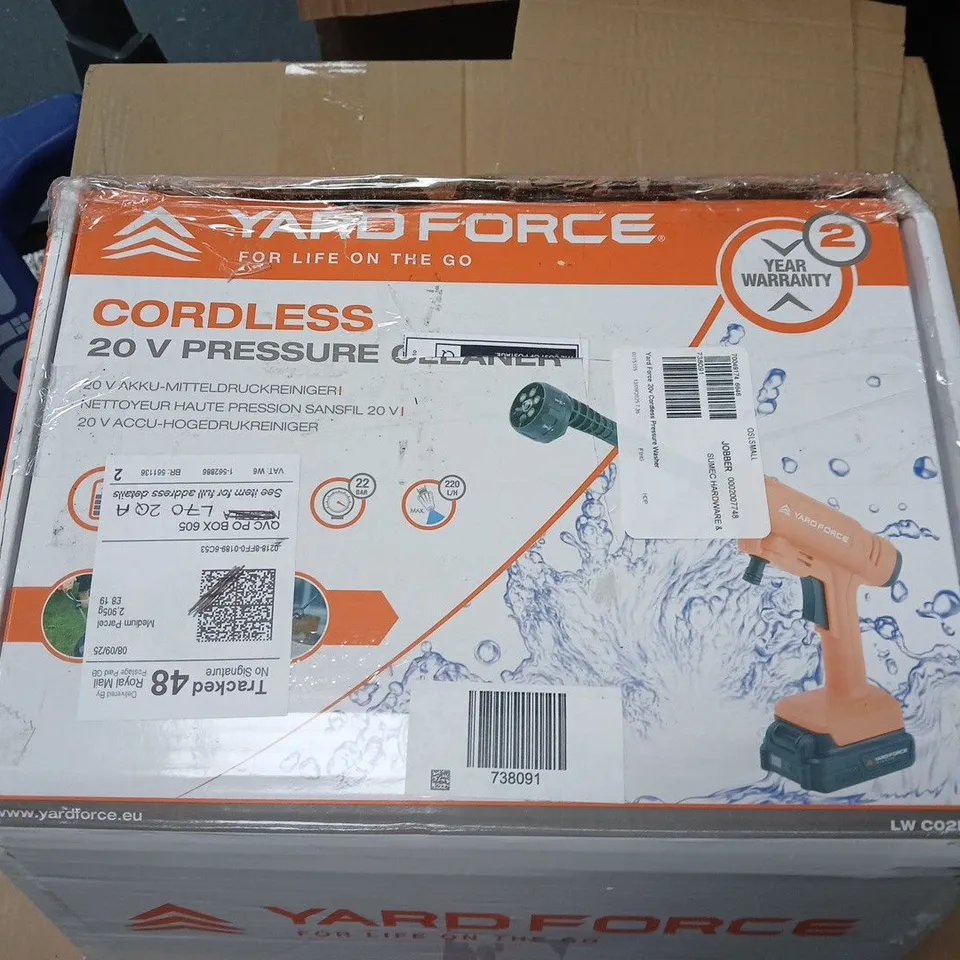 YARD FORCE 20V CORDLESS PRESSURE CLEANER – BATTERY & CHARGER INCLUDED