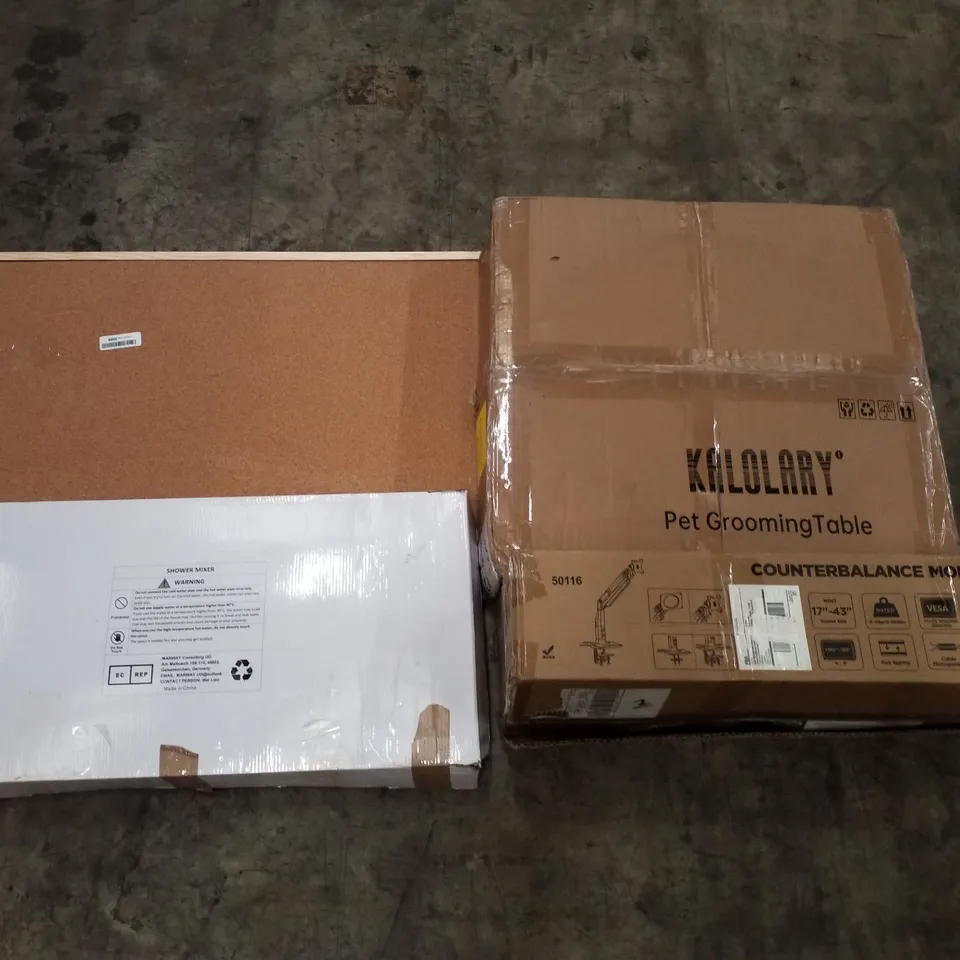 PALLET OF ASSORTED PRODUCTS INCLUDING PET GROOMING TABLE, COUNTERBALANCE MONITOR ARM, SHOWER MIXER, CORKBOARD, LED CEILING FAN